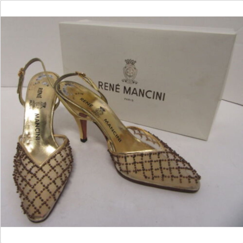 RENE MANCINI Gold Beaded Pumps Size 38.5